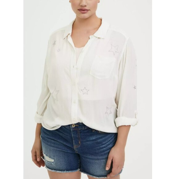 Torrid Women's Taylor White Gauze Embroidered Star Button Front Shirt Size 1X - Picture 1 of 9
